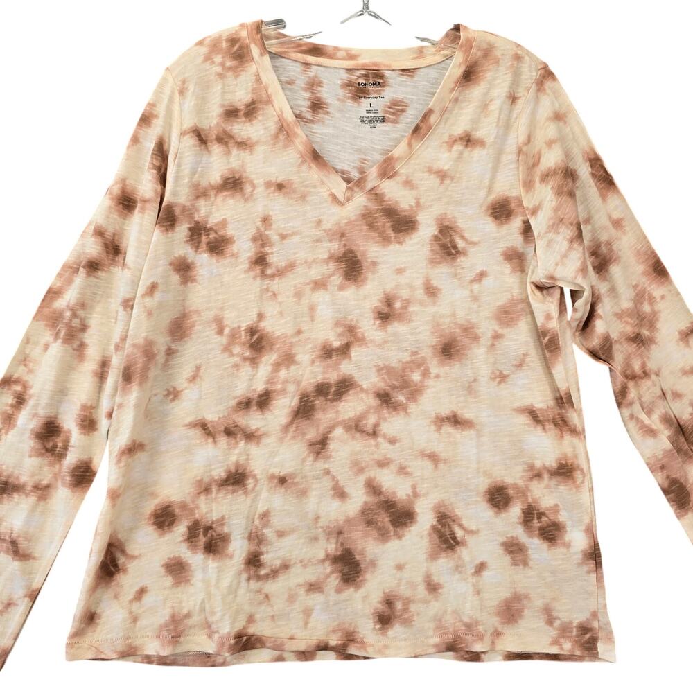 Sonoma Tan Tie Dye Long Sleeves The Everyday Tee Shirt V-Neck Women's Size L Top